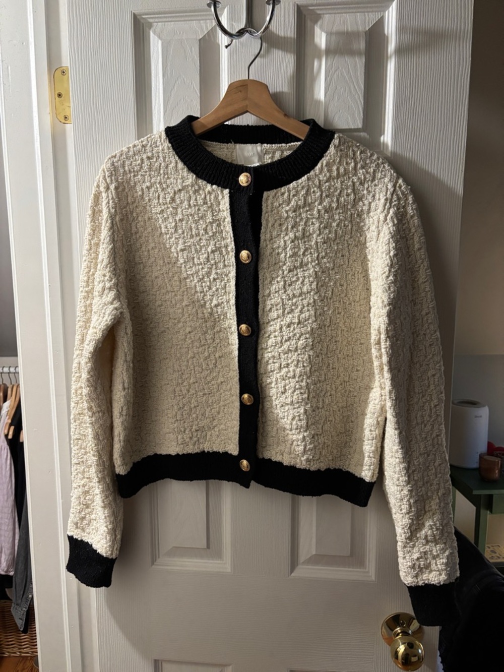 H&M Cream Bouclé Cardigan with Black Trim